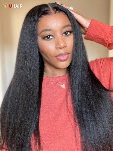 UHAIR 13x4 Pre Cut Lace Front Black Kinky Straight Wig Human Hair For Woman