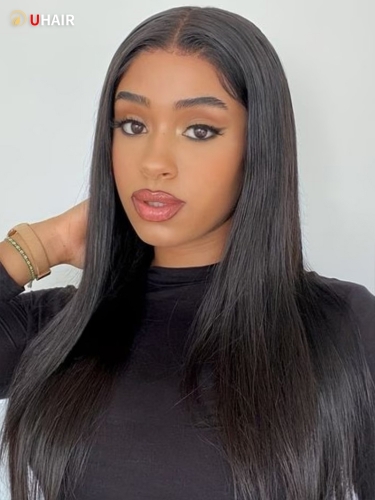 UHAIR Pre plucked Natural Hairline Long Human Hair Wig with Baby Hair Straight Middle Part Lace Wigs