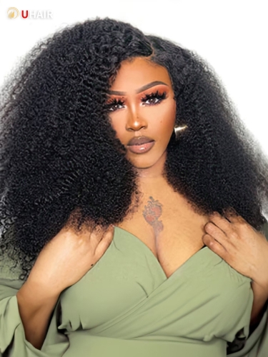 UHAIR Black Afro Kinky Curly Natural 5X5 HD Lace Glueless Human Hair Wig For Women