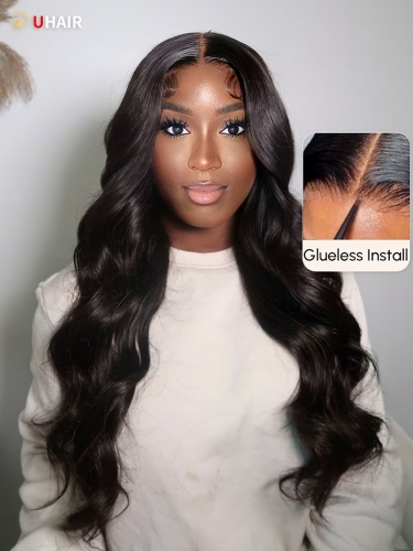 UHAIR Wear Go 6x4.5 Pre Cut Lace Quick & Easy Body Wave Black Human Hair Wigs with Breathable Cap Air Wig