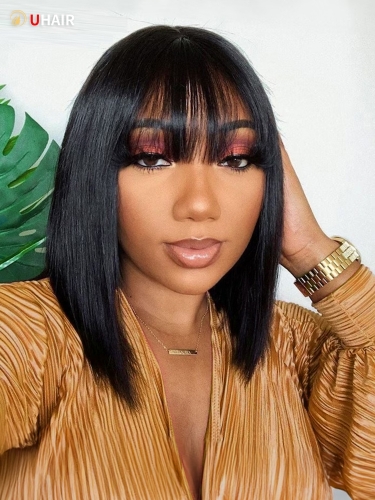 UHAIR Short Bob Wigs Brazilian Straight Human Hair Wigs with Bangs 100% Remy Glueless Wigs for Black Women