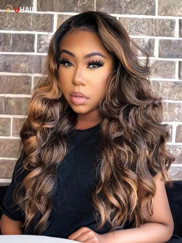 UHAIR Body Wave V Part Wig with Shadow Root Balayage Highlights Trendy Colored Glueless Wig