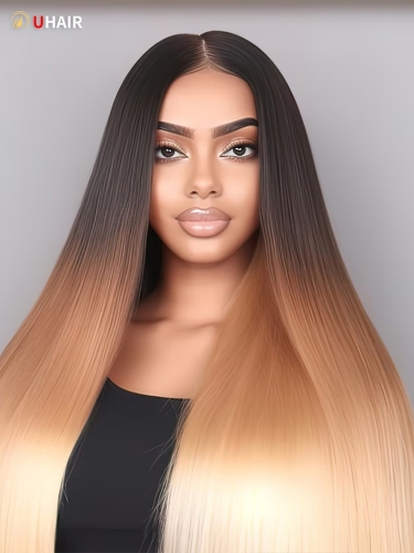 UHAIR Middle Part Lace Closure 3 Tones Ombre Straight Brazilian Human Hair 3 Bundles with Closure Remy Hair