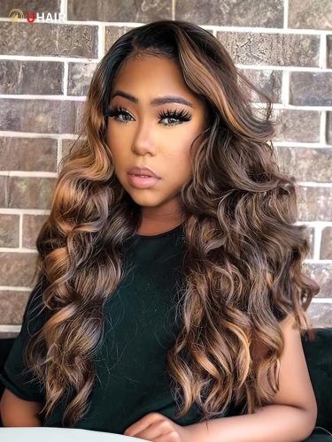 UHAIR Balayage Highlight Colored Body Wave V Part Wig Shadow Root Hair Glueless Protective Style Wig