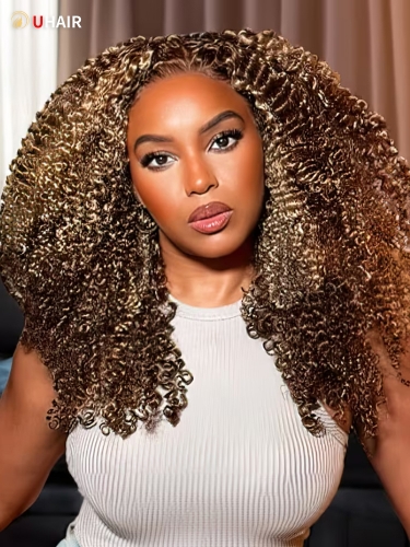 UHAIR 13x4 HD Transparent Lace Frontal Blonde Deep Wave Hair Curly Wig 150 Density Pre-Plucked Hairline