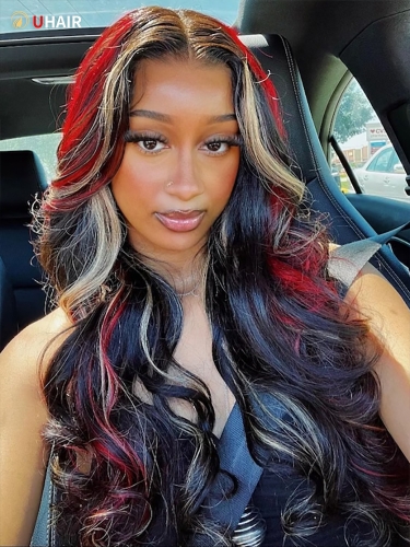 UHAIR Black Red Blonde Highlights 13X4 Transparent Lace Front Human Hair Wigs Loose Wave Glueless Frontal Wig