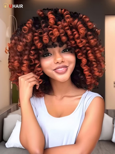 UHAIR Dark Copper Ombre Ringlet Curly Bob Wigs Human Hair Glueless Wigs For Summer