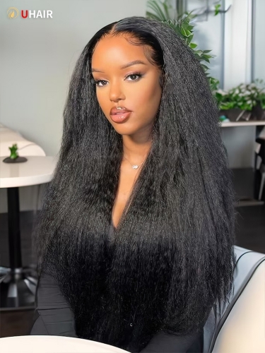 UHAIR 13x4 Transparent Lace Front Wigs Human Hair Pre Plucked Type 4c Kinky Straight Wig with Edges Hairline