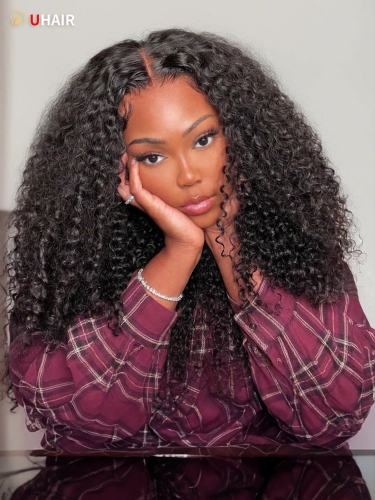 UHAIR 9A HD Lace 5x5 Closure Curly Glueless Wig with Bleached Knots Match All Skin Tone