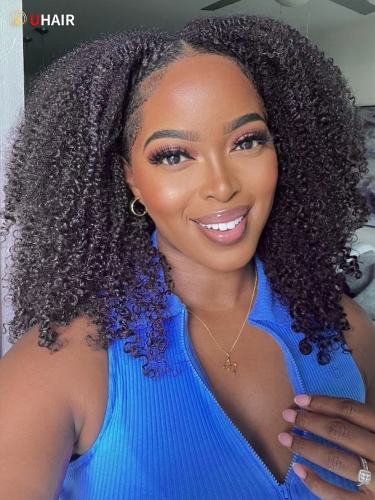 UHAIR Afro Curly Wig V Part Wig No Leave Out Human Hair Curls Unleashed For Black Woman