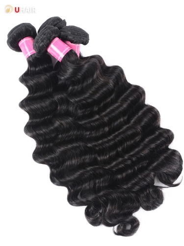 UHAIR Black Loose Deep Wave 4 Bundles 100% Unprocessed Remy 150% Density Human Hair Extensions