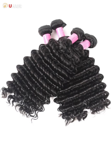 UHAIR Deep Wave 4 Bundles with 13x4 Free Part Lace Frontal Virgin Human Hair Extensions Natural Color