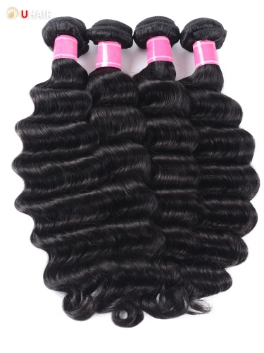 UHAIR Black Loose Deep Wave 4 Bundles 100% Unprocessed Remy 150% Density Human Hair Extensions