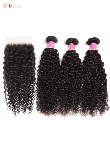 UHAIR Curly 3 Bundles with HD 5x5 Lace Closure Invisible Fairy Knots Brazilian 9A Human Hair Extensions