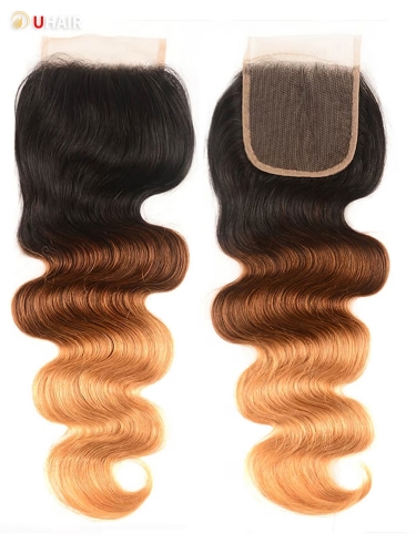 UHAIR Free Part 4x4 Lace Closure Wig 1 Bundle T1B/4/27 Ombre Body Weave Hair Wig