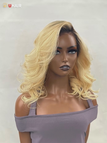 UHAIR 14 Inch Dark Roots Blonde 13x4 Lace Front Human Hair Big Wave Short Wig with Side Bangs
