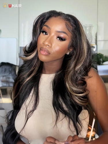 UHAIR 13x4 Lace Front Wig Blonde Highlights on Dark Straight Human Hair Wigs