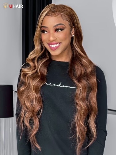 UHAIR 3 Bundles Honey Blonde Curly Hair Piano Highlights Body Wave With Closure Deal Wig