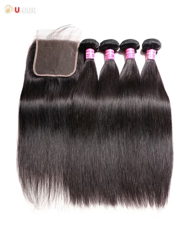 UHAIR 4 Bundles Brazilian Straight Hair With Virgin HD Lace Closure Wigs