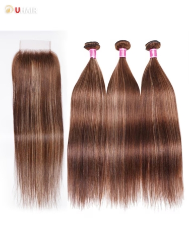 UHAIR Straight Highlight Bundles with Closure Human Hair Honey Blonde Highlight Wig