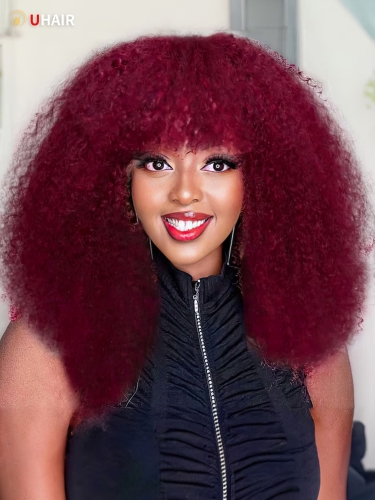 UHAIR Reddish Brown Curly Hair Machine Made Wigs Glueless Afro Short Bob Wigs