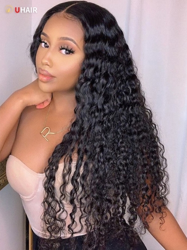 UHAIR 2 in 1 Dry Straight & Wet Deep Wave V Part Wigs Wet Wavy Hair Natural Black Hair Wigs