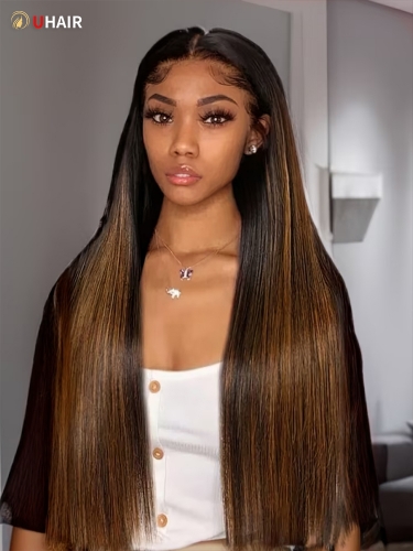 UHAIR Brown Highlight Straight 3 Bundles with 4x4 Lace Ombre Balayage Human Hair Extensions