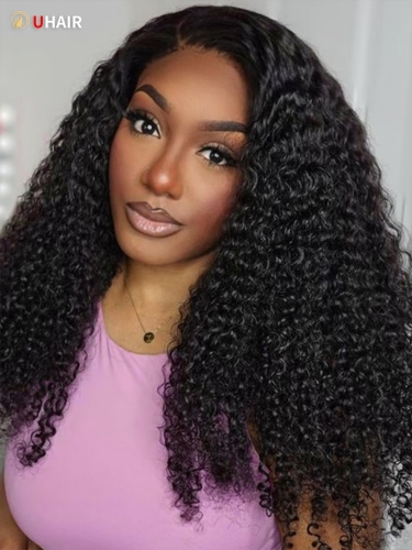 UHAIR 9A Natural Black Middle Part Curly Afro Kinky Human Hair Glueless Wigs on Sale