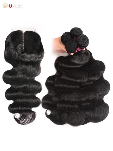 UHAIR Body Wave 4 Bundles with T Part Lace Closure 100% Unprocessed Brazilian Human Hair Natural 1B Color