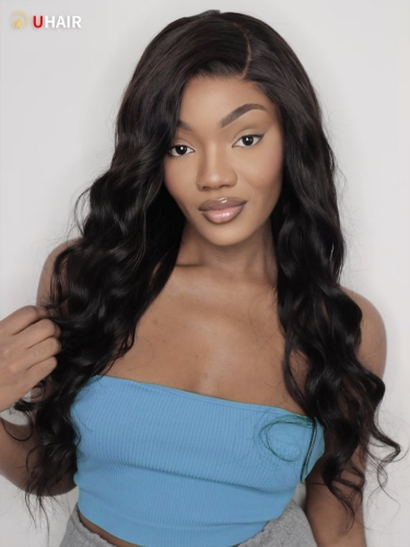 UHAIR 3 Bundles Brazilian Body Wave Human Hair with T Part Lace Closure Wig