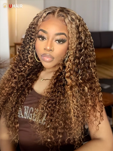 UHAIR Ombre Honey Blonde 13x4 Transparent Lace Money Piece Highlight Lace Wig Curly Human Hair Wigs