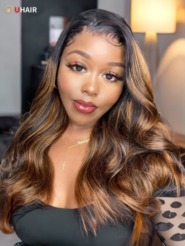 UHAIR 150 Density 13x6 Lace Medium Auburn and Black Balayage Lace Front Body Wave Wig