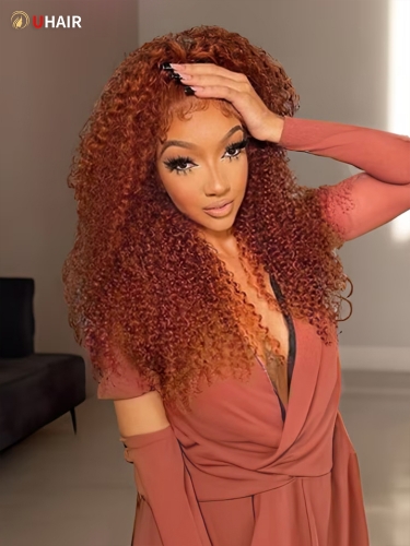 UHAIR 13x4 Lace Front Jerry Curly Human Hair Wig #30 Ginger Brown Color Wigs 100% Brazilian Virgin Hair