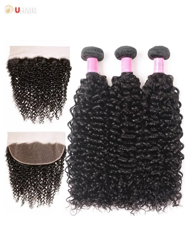 UHAIR 13x4 Lace Frontal 3 Bundles Human Hair Jerry Curly Wig 100% Human Hair Weave For Woman