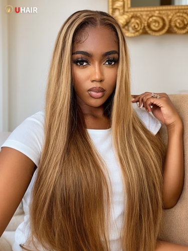 UHAIR 4x0.75 T part Lace Wig 150% density Long Straight Hair Wigs Honey Blonde Brown Highlight Wig