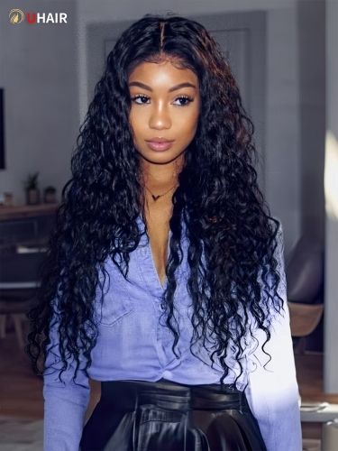 UHAIR Curly 3 Bundles With T Part Lace Closure Human Hair Extensions