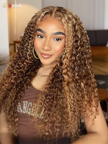 UHAIR Money Piece Highlight Honey Blonde Curly Hair Lace Front Human Hair Wig