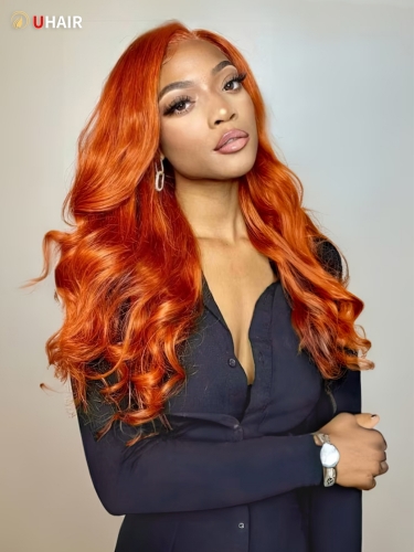 UHAIR Orange Ginger Colored 13x4 Invisible Lace Front Wig Human Hair Body Wave Brazilian Virgin Wigs 150 Density