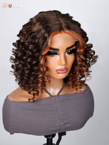 UHAIR Black With Money Piece Highlights 4x0.75 Lace Part Wig Curly Bob Wigs