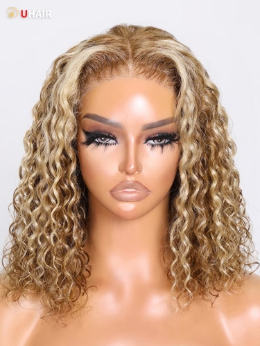 UHAIR Bye Bye Knots 7x5 Pre-Cut Lace Honey Blonde Highlights Bouncy Water Wave Human Hair Bob Wig