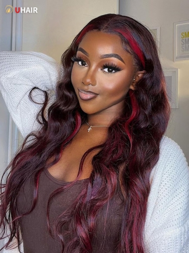 UHAIR Dark Burgundy With Rose Red Loose Wave Lace Front Wigs 13x4 Transparent Human Hair  Wigs