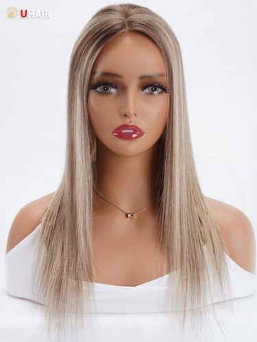 UHAIR 16 Inch Hair Topper Brown to Blonde Human Hair Lace Front Clip in Human Hair Extensions