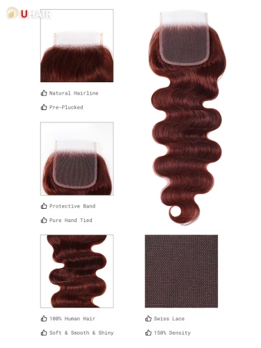 UHAIR 4x4 Free Part Closure Dark Auburn Curly Hair Body Wave Hairstyles Remy Human Hair Wig