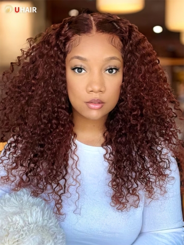 UHAIR Reddish Brown Curly 13x4 Lace Front Hair Wig Human Hair Transparent Lace Wigs Pre-Plucked with Baby Hair