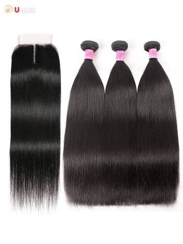 UHAIR Hair 3 Bundles With Closure Middle Part 100% Virgin Remy Human Hair Natural Black T Part Lace Wig