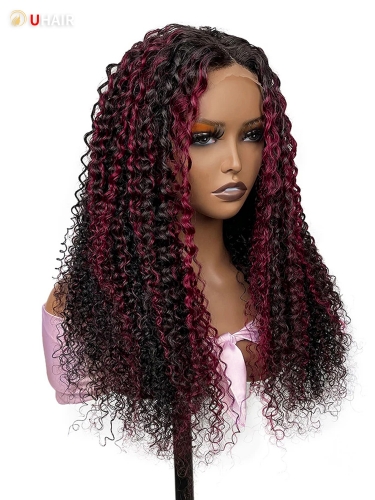 UHAIR Burgundy Highlights Curly Human Hair 13x4 Lace Front Wig with 150% Density