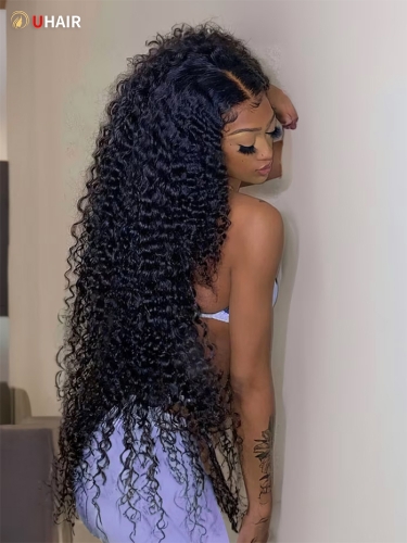 UHAIR Curly 3 Bundles With T Part Lace Closure Human Hair Extensions