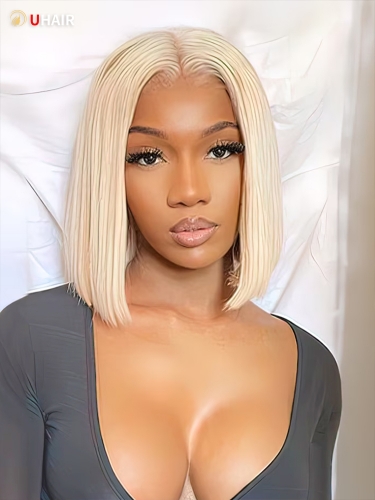 UHAIR Pre-Plucked 613 Blonde Straight Short Layered Bob Wig Human Hair Glueless 13x4 HD Lace Frontal Wigs