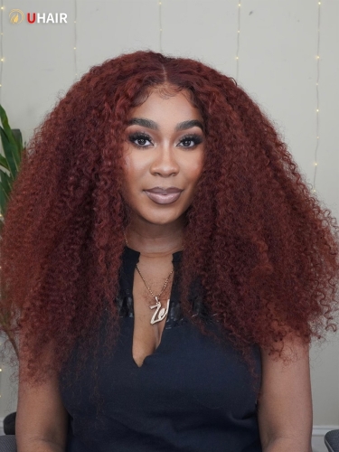 UHAIR Reddish Brown Kinky Curly 6x4.5 Wear Go Glueless Wigs Pre Plucked 150% Density Wig