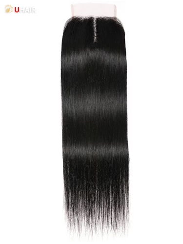 UHAIR Hair 3 Bundles With Closure Middle Part 100% Virgin Remy Human Hair Natural Black T Part Lace Wig